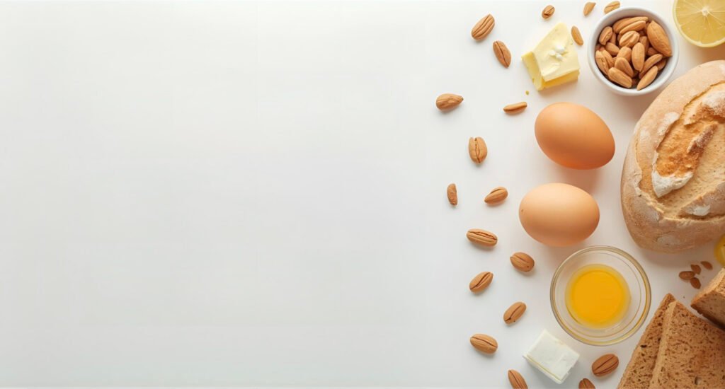 A clean flat-lay of fresh whole foods arranged towards the right side on a white table. Foods include butter, nuts, eggs and bread styled neatly and not implying “bad foods.”
