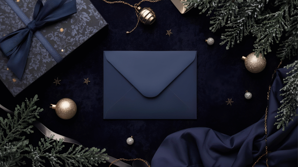 Navy blue luxury gift card envelope surrounded by elegant gold and silver Christmas ornaments and festive accents on a dark background.