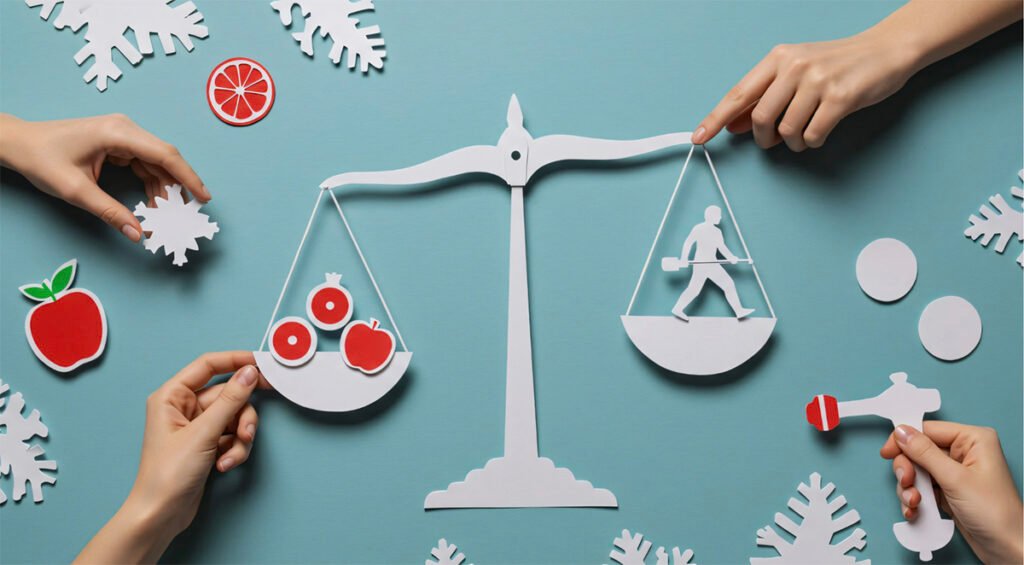 Hands holding paper cutouts illustrating health and well-being, with a balance symbolically balancing diet and exercise.