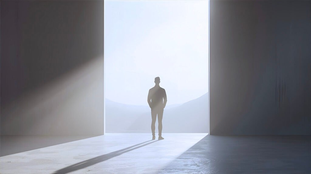 A person stands in a large, minimalist doorway filled with soft, bright light, looking out toward an open landscape. Long shadows stretch behind them, creating a calm, contemplative atmosphere that suggests clarity, direction and new beginnings.